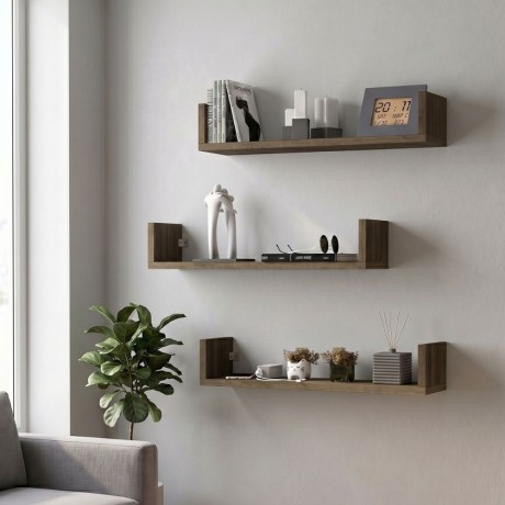 Dark Megapap melamine wall shelves set of 3 in walnut color 60x15x12cm.
