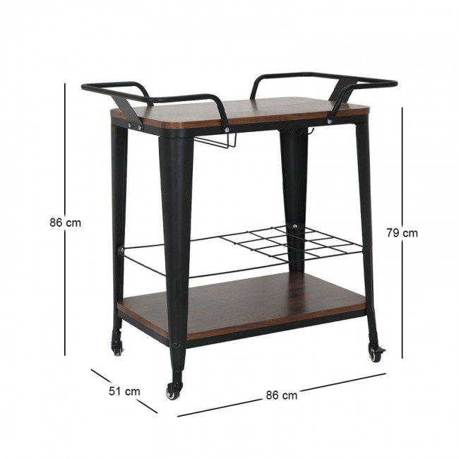 RELIX Trolley Bar-Pro Μέταλλο Βαφή Μαύρο, MDF Απόχρωση Καρυδί 86x51x86cm
