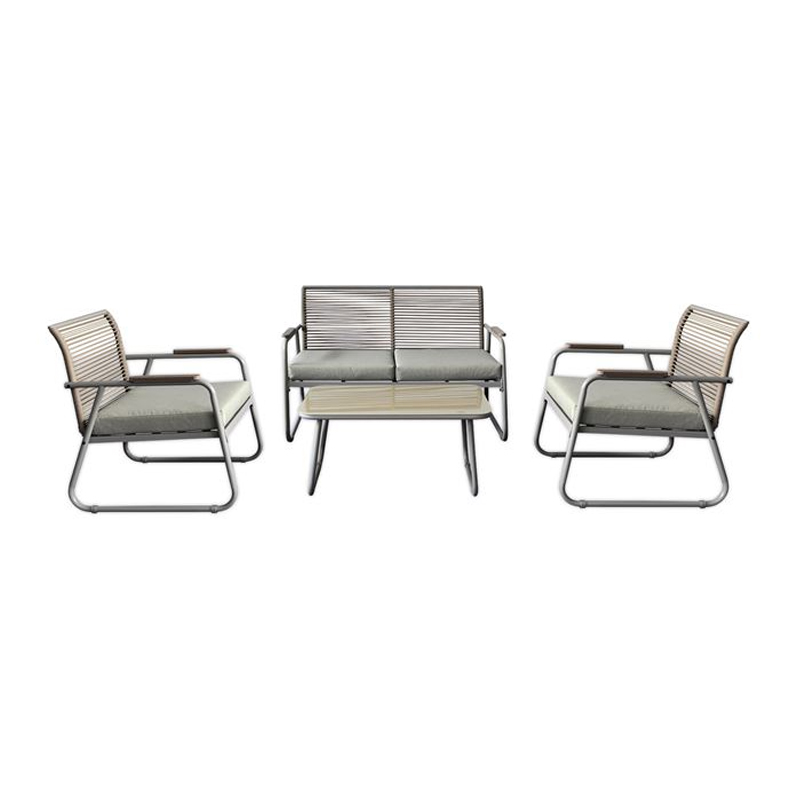 ROCCO Set Σαλόνι Κήπου 4τεμ, Μέταλλο Μπεζ, Rope Wicker Μπεζ, Μαξιλ.Μπεζ, Γυαλί Μπεζ 2 Πολυθρ+1 Καναπ+1 Τραπεζάκι