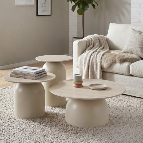 ROVER Set-3 Coffee Tables D.70-50-40cm Metal Beige/Sintered Stone Travertine