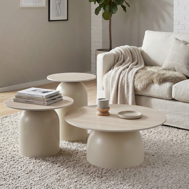 ROVER Set-3 Coffee Tables D.70-50-40cm Metal Beige/Sintered Stone Travertine