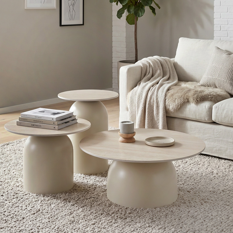 ROVER Set-3 Coffee Tables D.70-50-40cm Metal Beige/Sintered Stone Travertine