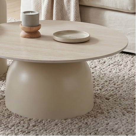 ROVER Set-3 Coffee Tables D.70-50-40cm Metal Beige/Sintered Stone Travertine