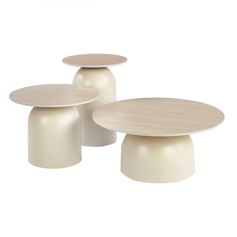 ROVER Set-3 Coffee Tables D.70-50-40cm Metal Beige/Sintered Stone Travertine