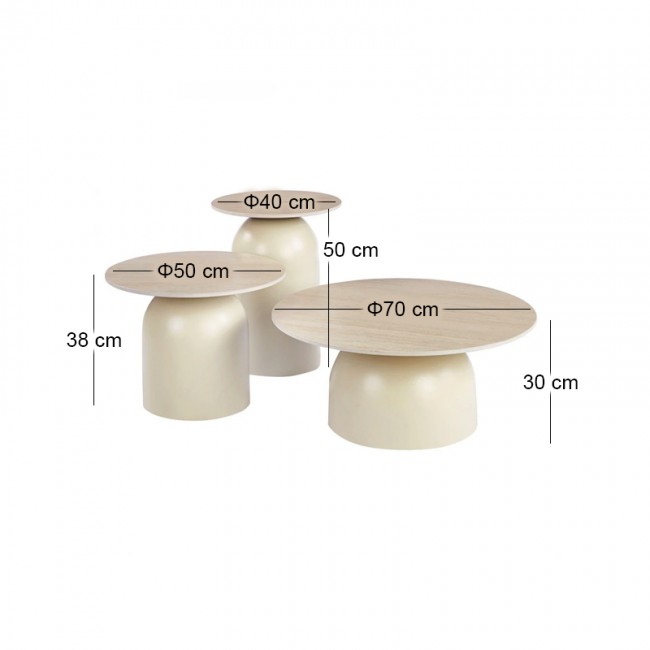 ROVER Set-3 Coffee Tables D.70-50-40cm Metal Beige/Sintered Stone Travertine