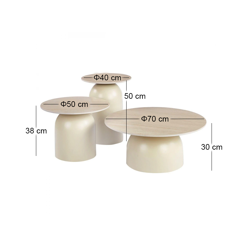 ROVER Set-3 Coffee Tables D.70-50-40cm Metal Beige/Sintered Stone Travertine