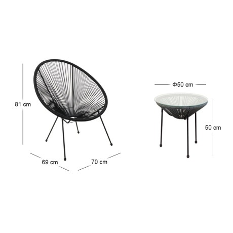ACAPULCO Set (3-pcs) Black Steel, Black Plastic Rattan