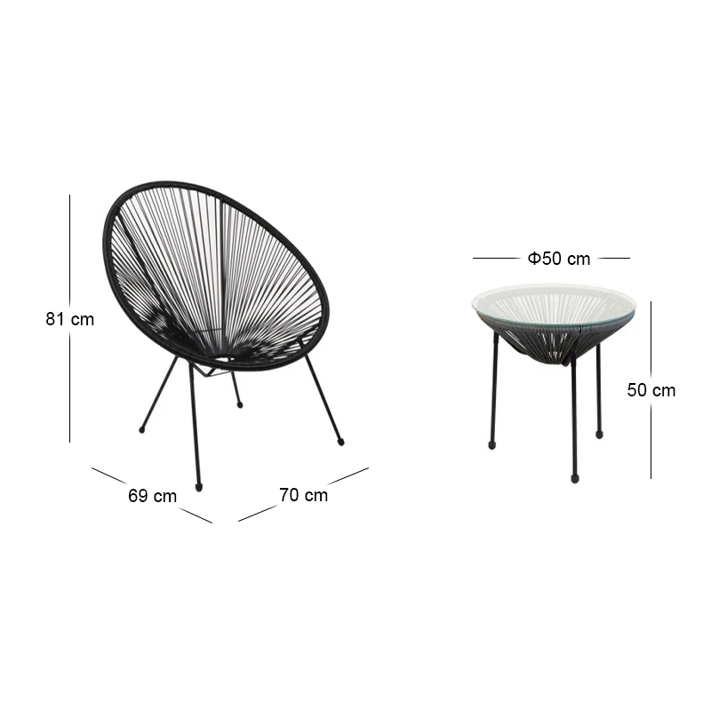 ACAPULCO Set (3-pcs) Black Steel, Black Plastic Rattan