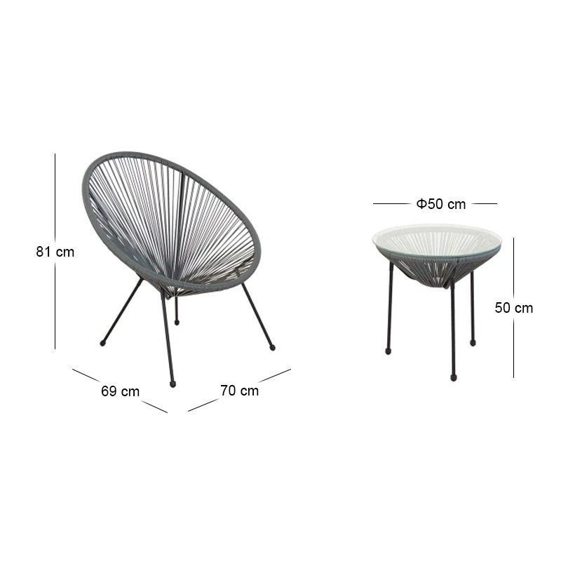 ACAPULCO Set (3-pcs) Black Steel/Grey Plastic Rattan