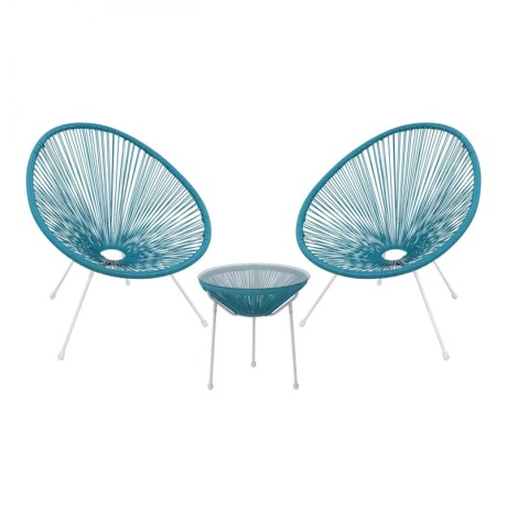 ACAPULCO Set (3-pcs) White Steel, Blue Plastic Rattan