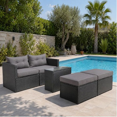 JAKARTA Set K/D Multifunctional (5pcs) Metal, Wicker Black, Cushions Grey