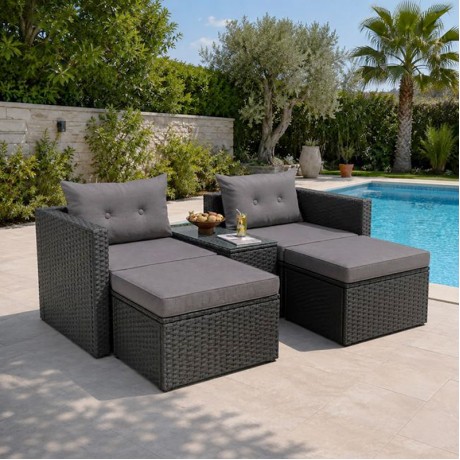 JAKARTA Set K/D Multifunctional (5pcs) Metal, Wicker Black, Cushions Grey