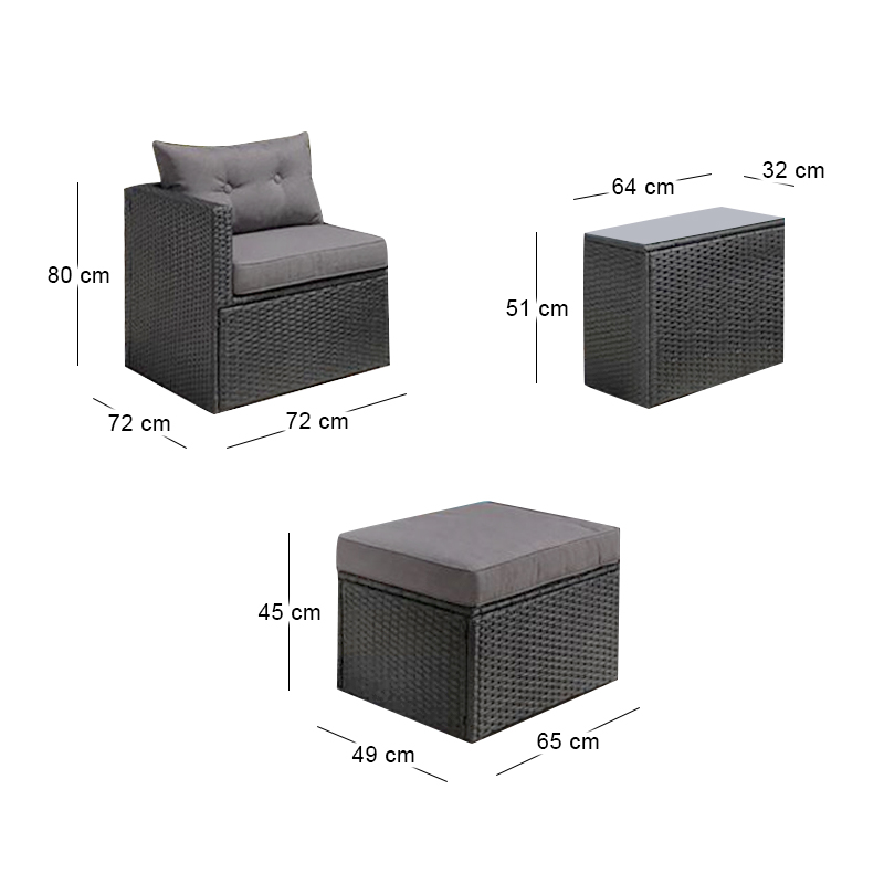 JAKARTA Set K/D Multifunctional (5pcs) Metal, Wicker Black, Cushions Grey
