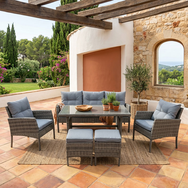 CALIFORNIA Set Steel K/D (6pcs) Twin Wicker Grey/Cushions Grey