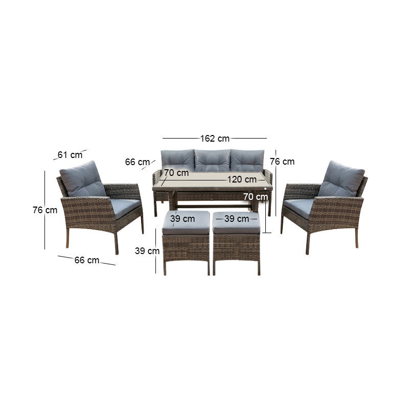 CALIFORNIA Set Steel K/D (6pcs) Twin Wicker Grey/Cushions Grey