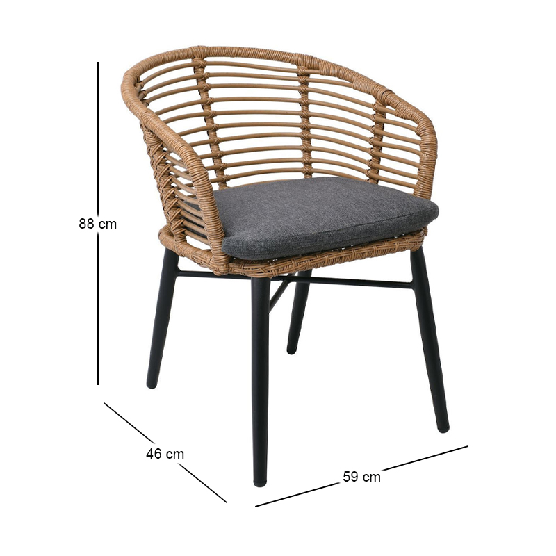 SALSA Alu STACK Armchair Black/Wicker Natural, Cushion Grey