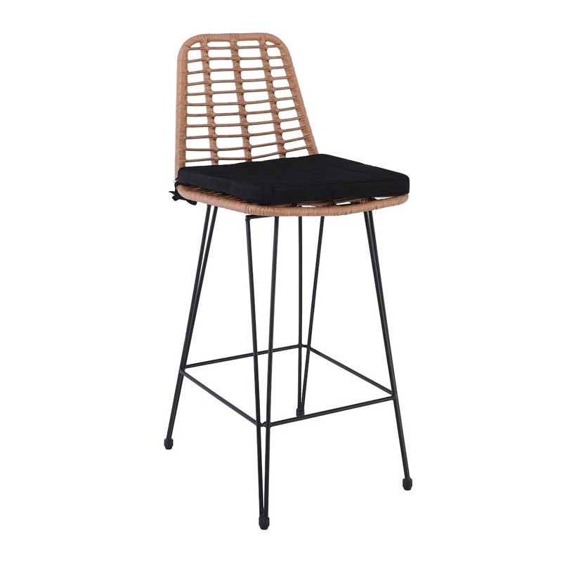 SALSA Bar Stool-Pro with Cushion, Metal Black/Wicker Natural