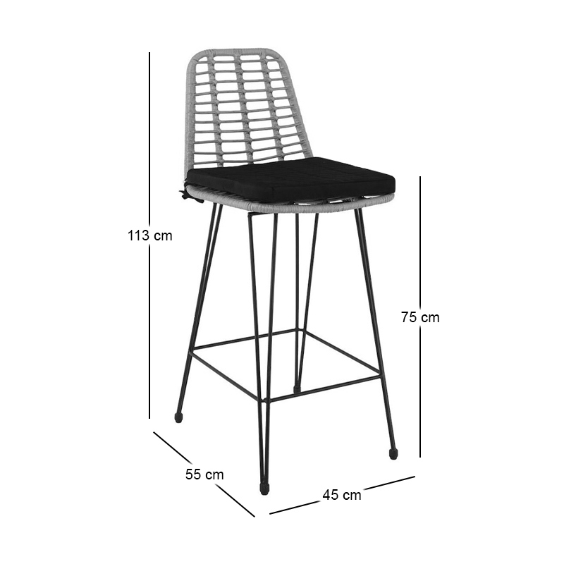 SALSA Bar Stool-Pro with Cushion, Metal Black/Wicker Grey