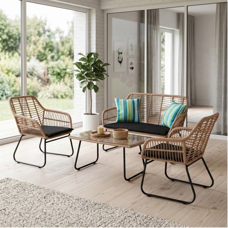 SALSA Set (4 pcs) Steel Black/Wicker Natural, Cushion Black