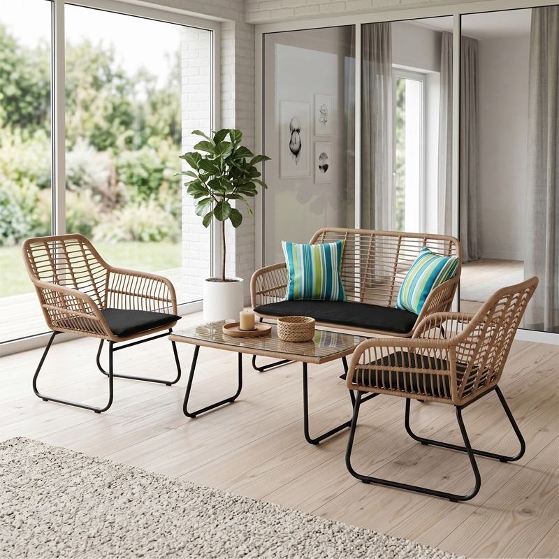 SALSA Set (4 pcs) Steel Black/Wicker Natural, Cushion Black