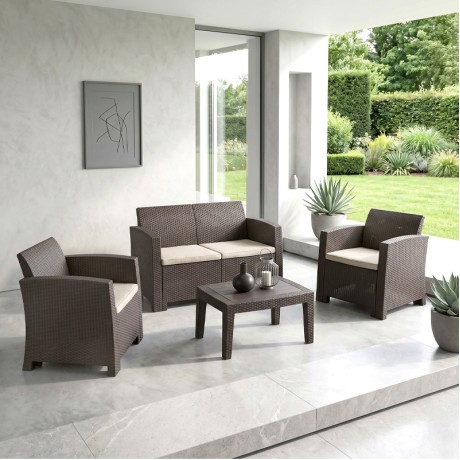 SAVANNA Set K/D (Table+2-Seat Sofa+2 Armchairs) PP-UV Brown/Cushions Grey-White