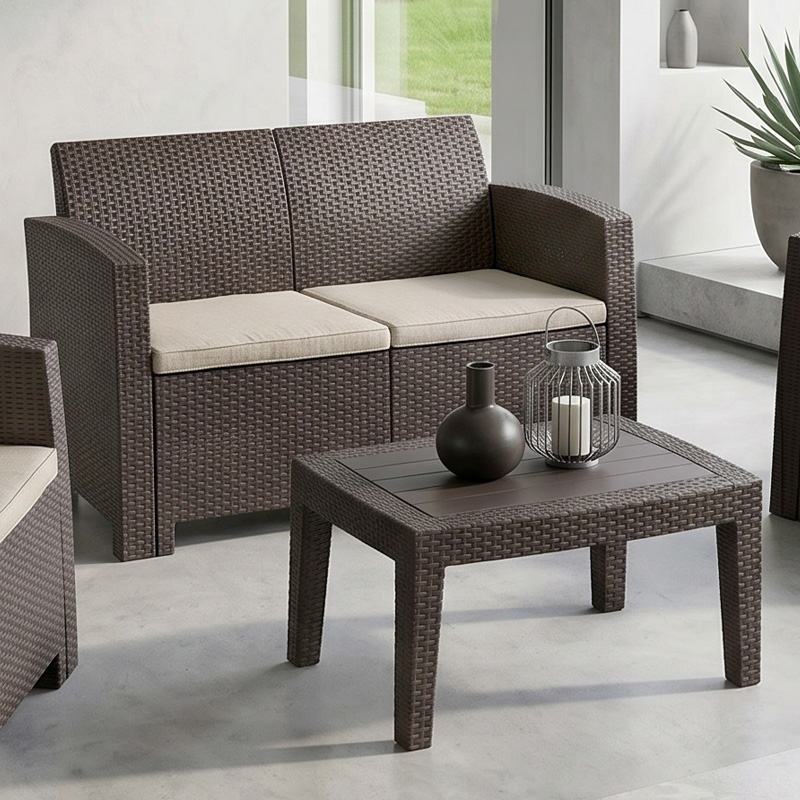 SAVANNA Set K/D (Table+2-Seat Sofa+2 Armchairs) PP-UV Brown/Cushions Grey-White
