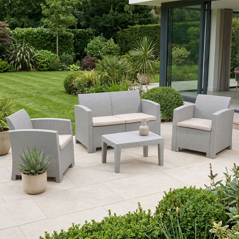 SAVANNA Set K/D (Table+2-Seat Sofa+2 Armchairs) PP-UV Sand Grey/Cushions Beige