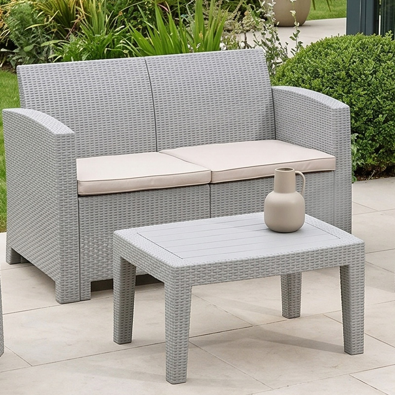 SAVANNA Set K/D (Table+2-Seat Sofa+2 Armchairs) PP-UV Sand Grey/Cushions Beige