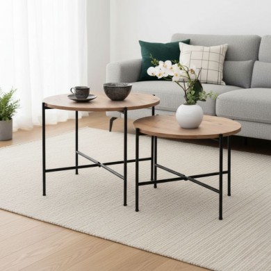 Zayden Megapap metallic - melamine set side tables 2 pieces in pine oak color 65x65x52cm.