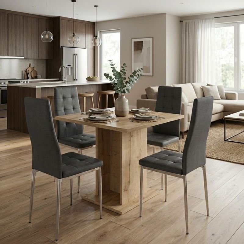 Σετ τραπεζαρία 5τμχ Allos - Rosa Megapap χρώμα sapphire oak - γκρι/χρωμίου πόδι 75x75x77εκ.