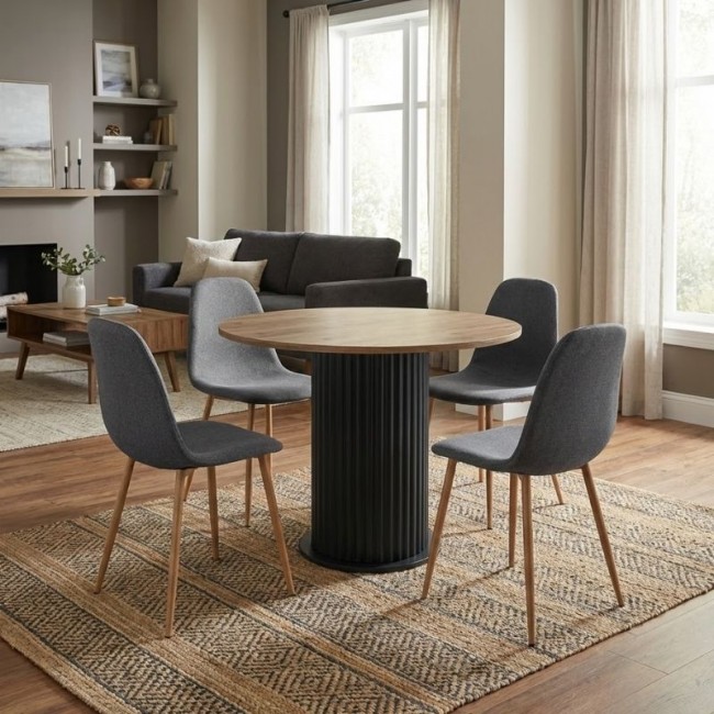 Σετ τραπεζαρία 5τμχ Bohema - Iris Megapap χρώμα μαύρο/sepet oak - γκρι/φυσικό πόδι Ø90x77,7εκ.