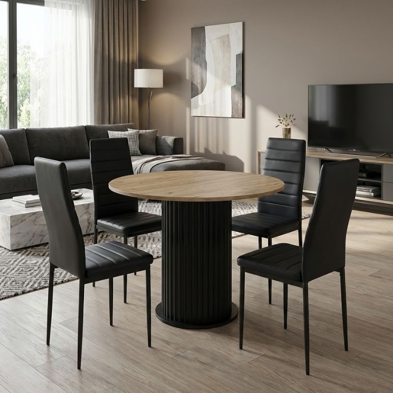 Dining room set 5pcs Bohema - Rosa Megapap sepet oak color - black Ø90x77.7cm.