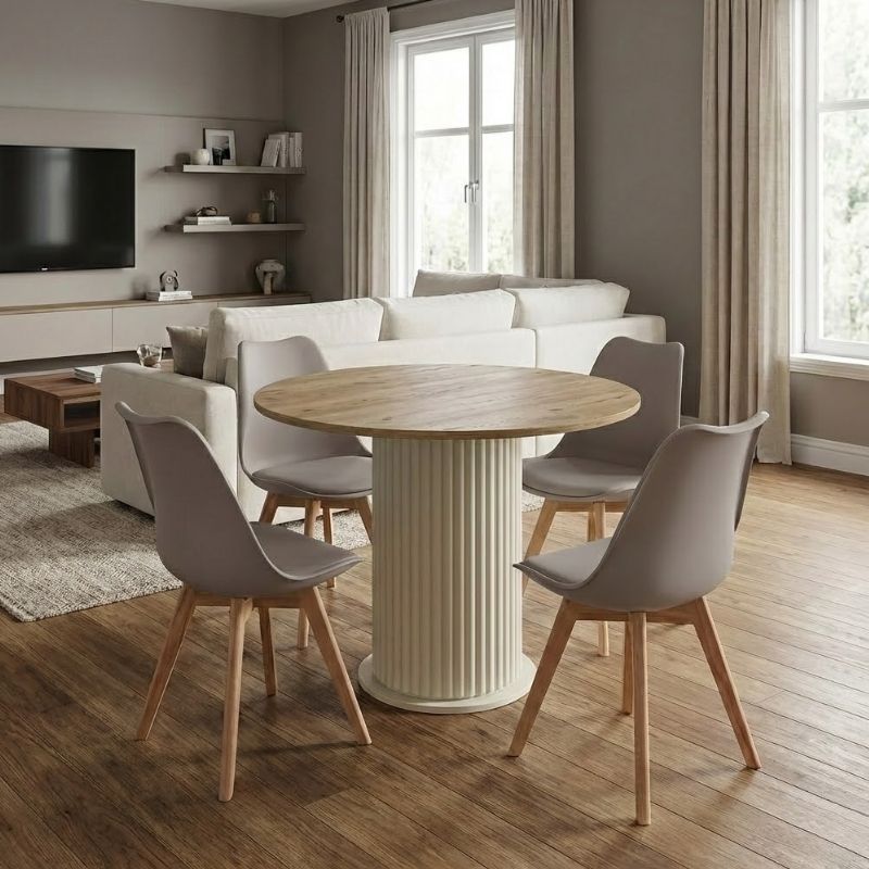Σετ τραπεζαρία 5τμχ Bohema - Viva Megapap χρώμα ivory/sepet oak - cappuccino Ø90x77,7εκ.