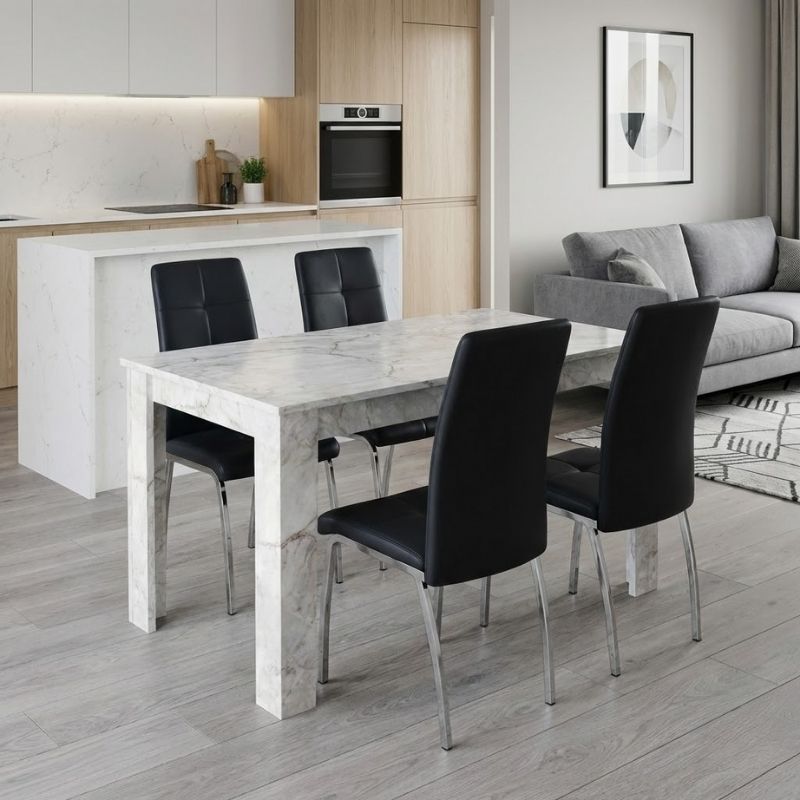 Dining room set 5pcs Darlen - Alma Megapap white marble color - black 125x72x74cm.