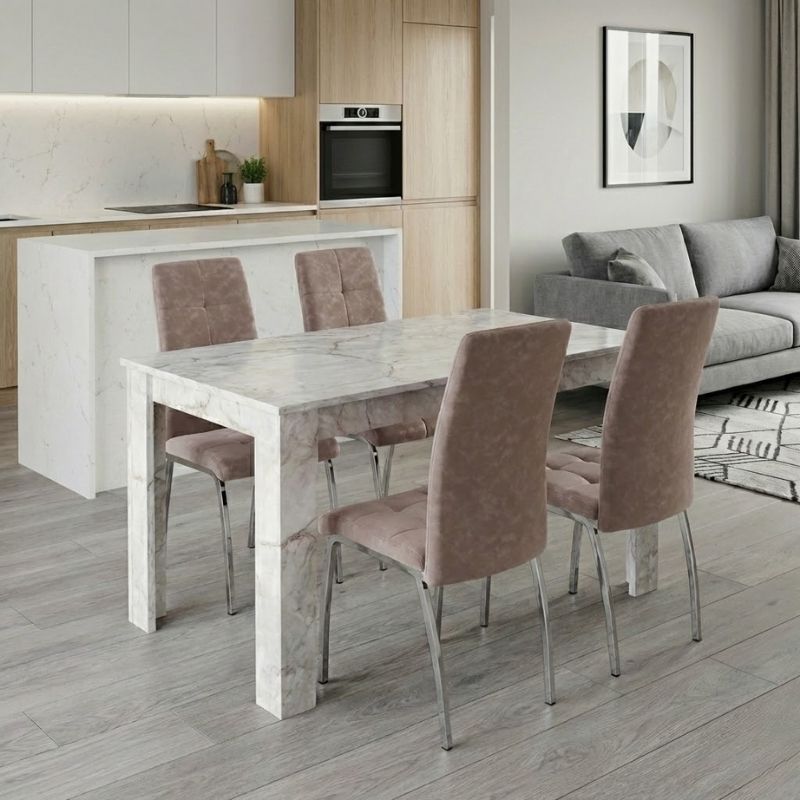 Dining room set 5pcs Darlen - Alma Megapap white marble color - beige 125x72x74cm.