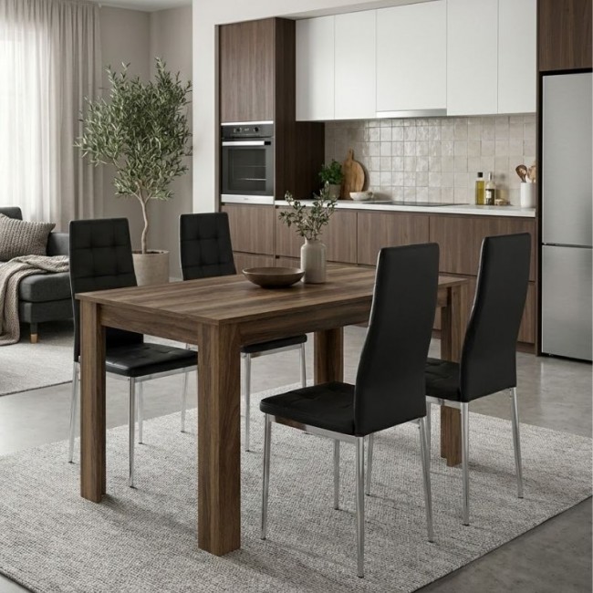 Σετ τραπεζαρία 5τμχ Darlen - Rosa Megapap χρώμα καρυδί - μαύρο/χρωμίου πόδι 125x72x74εκ.