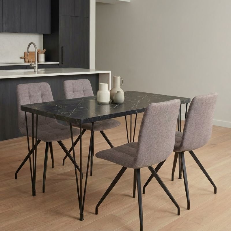 Dining room set 5pcs Roger - Bianca Megapap Mdf - fabric black marble color - beige 120x70x75cm.