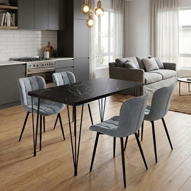 Dining room set 5pcs Roger - Chiara Megapap Mdf - fabric black marble color - grey 120x70x75cm.