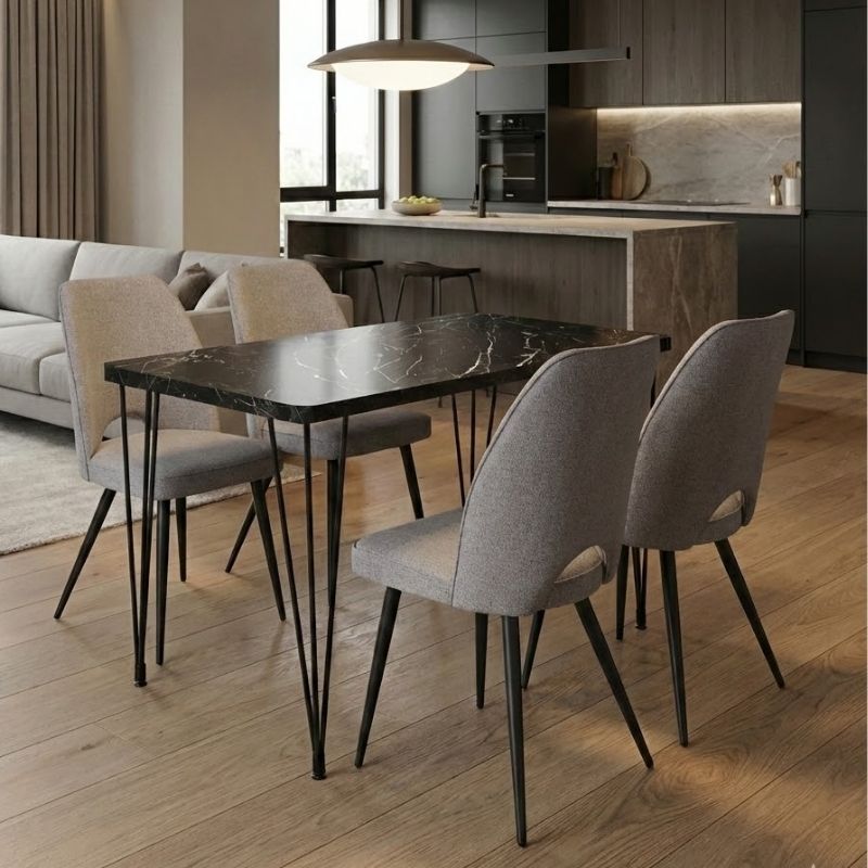 Dining room set 5pcs Roger - Christy Megapap Mdf - fabric black marble color - beige 120x70x75cm.