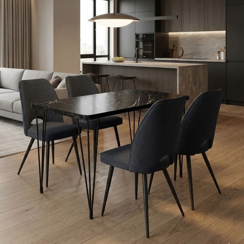 Dining room set 5pcs Roger - Christy Megapap Mdf - fabric black marble color - anthracite 120x70x75cm.