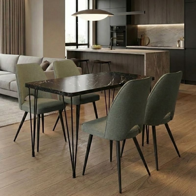 Dining room set 5pcs Roger - Christy Megapap Mdf - fabric black marble color - green 120x70x75cm.