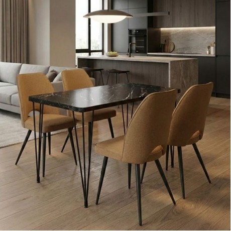 Dining room set 5pcs Roger - Christy Megapap Mdf - fabric black marble color - mustard 120x70x75cm.