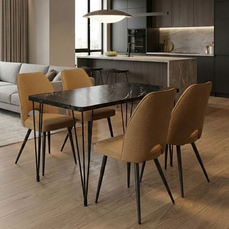 Dining room set 5pcs Roger - Christy Megapap Mdf - fabric black marble color - mustard 120x70x75cm.