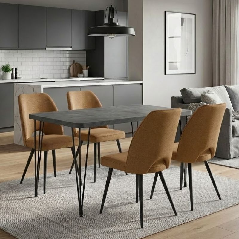 Dining room set 5pcs Roger - Christy Megapap Mdf - fabric concrete grey color - mustard 120x70x75cm.