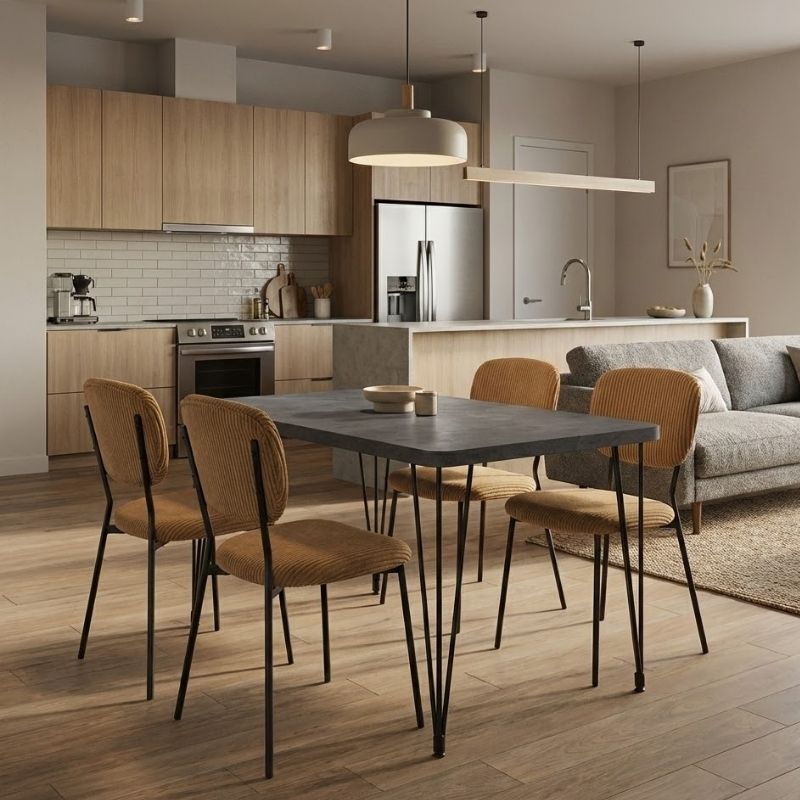 Dining room set 5pcs Roger - Kevin Megapap Mdf - fabric concrete grey color - mustard 120x70x75cm.