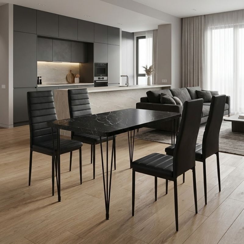 Dining room set 5pcs Roger - Rosa Megapap Mdf - PU black marble color - black 120x70x75cm.