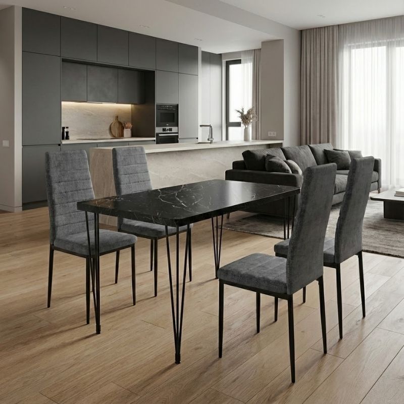 Dining room set 5pcs Roger - Rosa Megapap Mdf - fabric black marble color - grey 120x70x75cm.