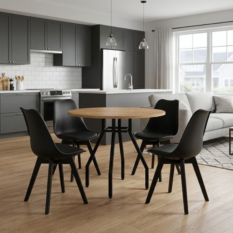 Dining room set 5pcs Roma - Viva Megapap pine oak color - black Ø80x75cm.