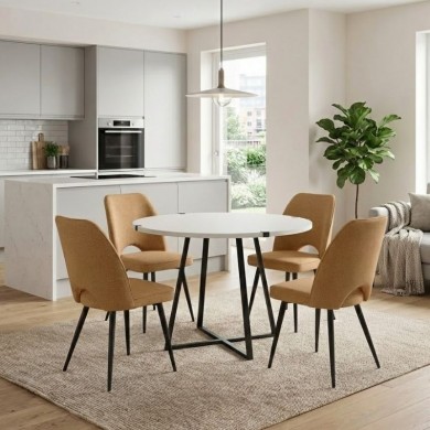 Dining room set 5pcs Rubes - Christy Megapap white color - mustard Ø100x78cm.