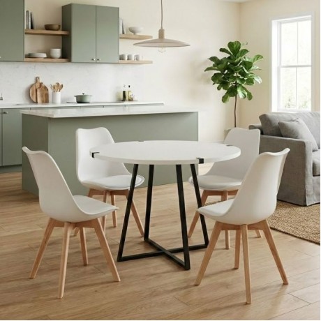 Dining room set 5pcs Rubes - Viva Megapap white color - white with natural leg Ø100x78cm.